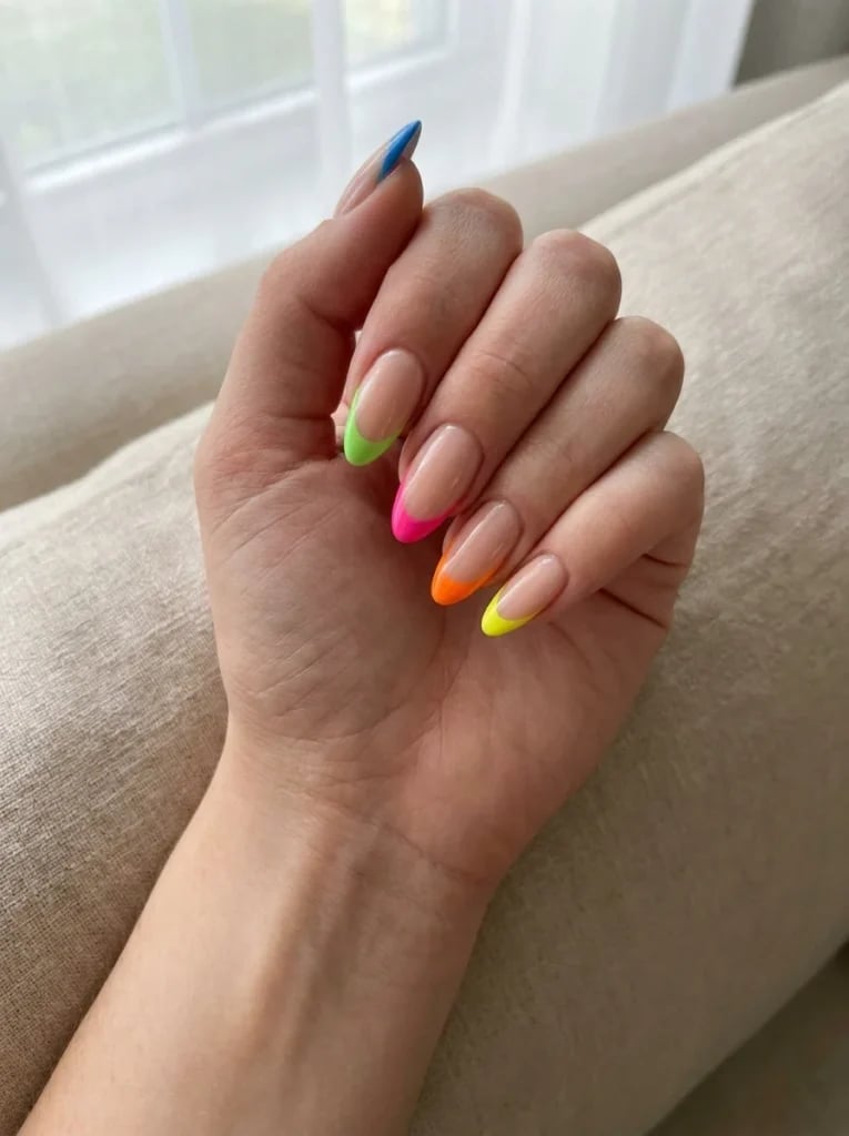 Multi-Neon French Medium Almond Nails, Highlighting, Everyday Version Multi-Neon French Medium Almond Nails, Highlighting, Everyday Version — Neon Almond Nails 2027