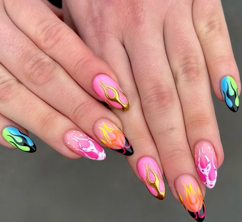 Neon Flame Long Almond Nails Neon Flame Long Almond Nails — Neon Almond Nails 2027