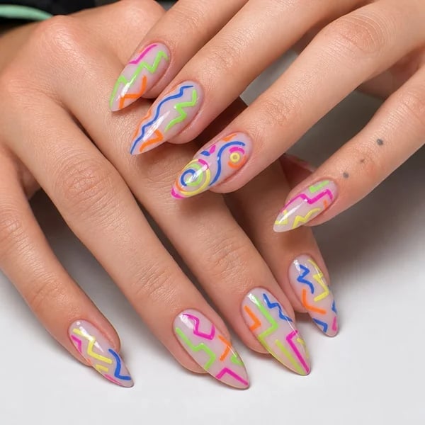 Neon Abstract Lines Long Almond Nails Neon Abstract Lines Long Almond Nails — Neon Almond Nails 2027