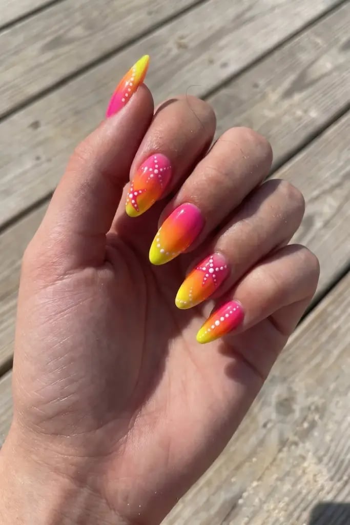 Neon Pink Yellow Gradient Star Long Almond Nails Neon Pink Yellow Gradient Star Long Almond Nails — Neon Almond Nails 2027