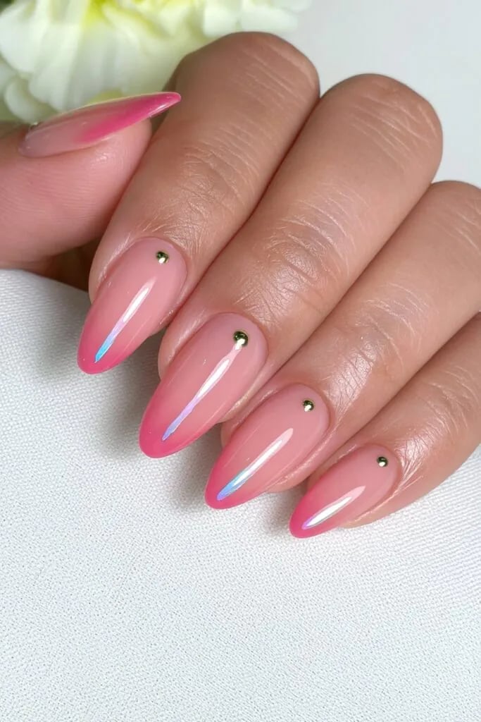 Long Almond Pink Foil Studs Nails Long Almond Pink Foil Studs Nails — Neon Almond Nails 2027