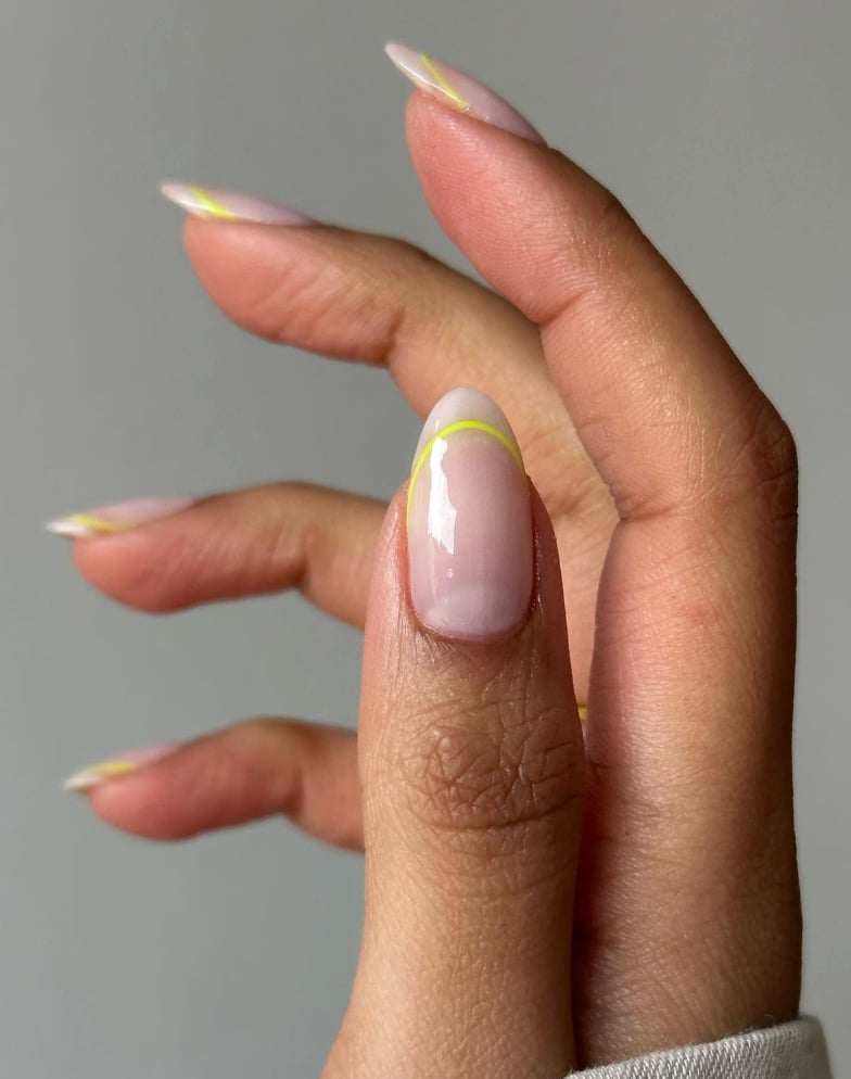Medium Oval Sheer Nude Neon Yellow Line Accents Medium Oval Sheer Nude Neon Yellow Line Accents — Neon Oval Nails 2027
