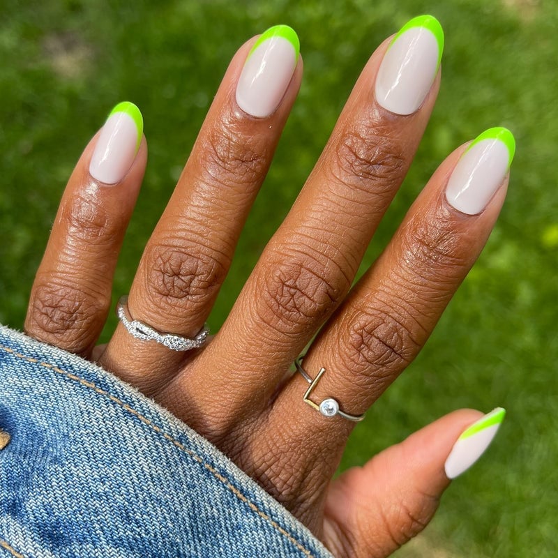 Medium Oval Sheer Nude Neon Lime French Tips Medium Oval Sheer Nude Neon Lime French Tips — Neon Oval Nails 2027