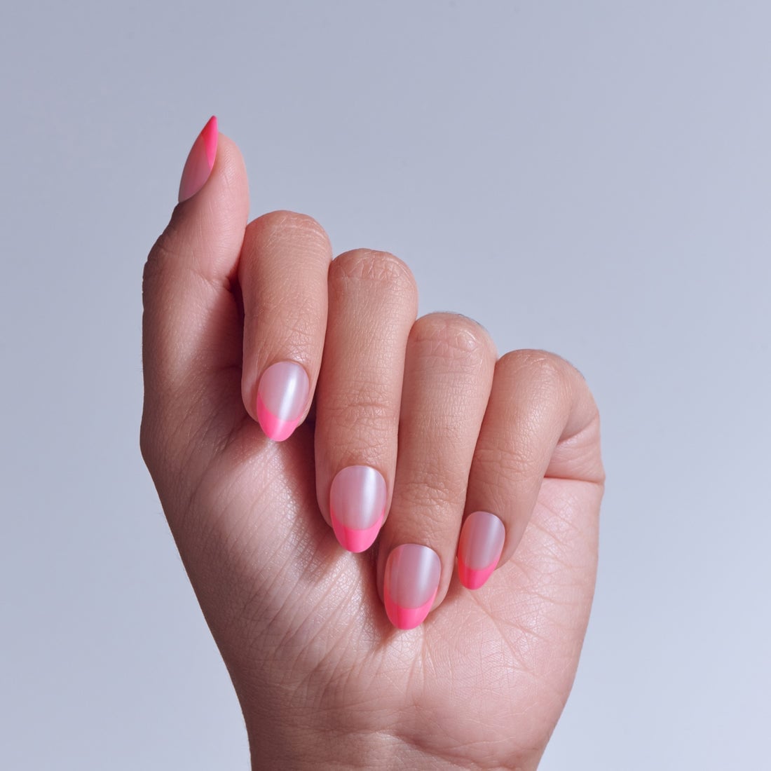 Short Oval Sheer Nude Neon Pink French Tips Short Oval Sheer Nude Neon Pink French Tips — Neon Oval Nails 2027