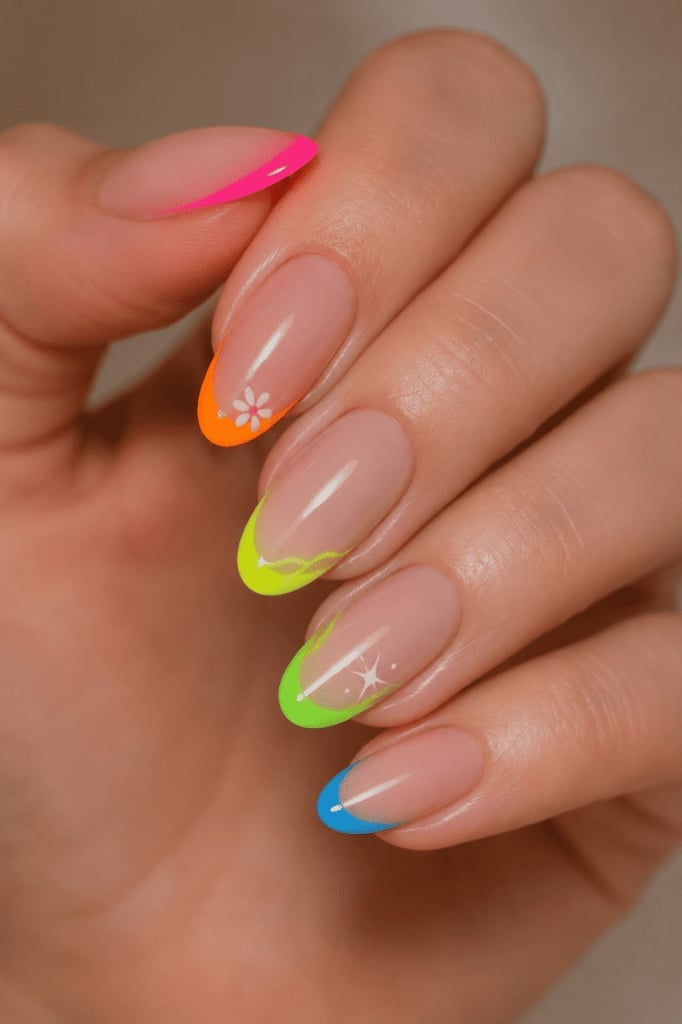 Short Oval Multi-Colored Neon French Tips Flower Sparkle Short Oval Multi-Colored Neon French Tips Flower Sparkle — Neon Oval Nails 2027