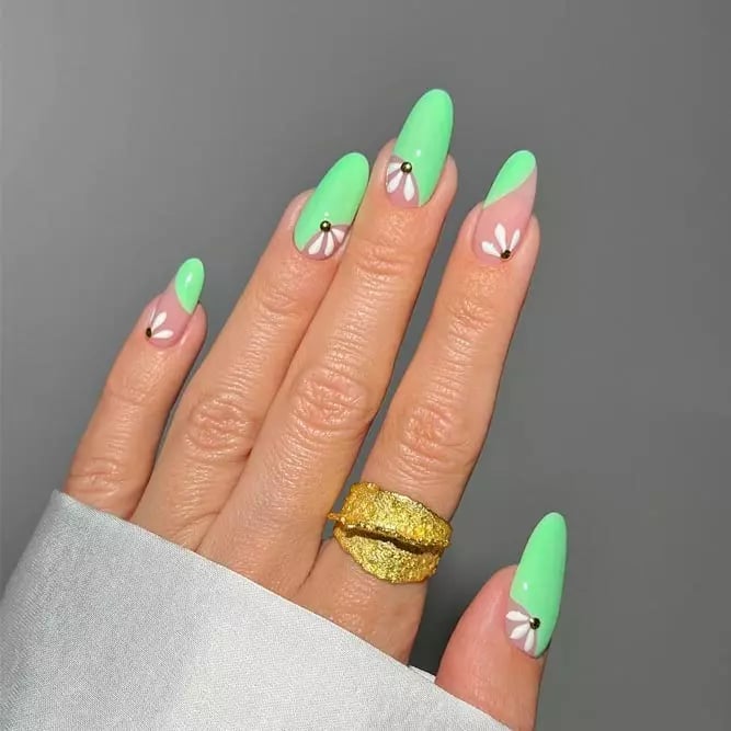 Medium Oval Neon Green French Tips Floral Accent Medium Oval Neon Green French Tips Floral Accent — Neon Oval Nails 2027