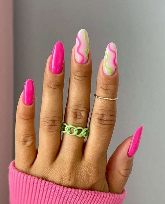 Medium Oval Hot Pink Wavy Neon Green Lines Medium Oval Hot Pink Wavy Neon Green Lines — Neon Oval Nails 2027