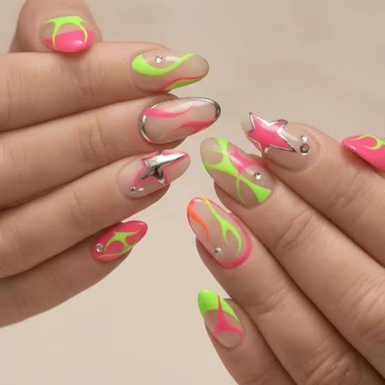 Oval Medium Neon Flame Swirls Rhinestones Metallic Tips Oval Medium Neon Flame Swirls Rhinestones Metallic Tips — Neon Oval Nails 2027