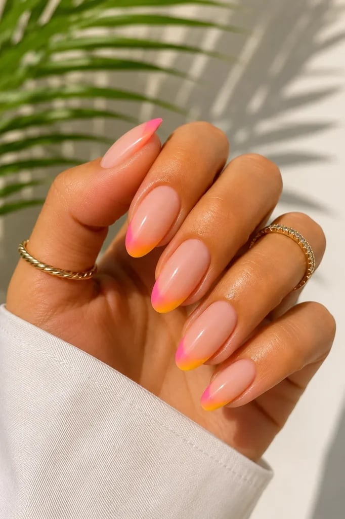 Medium Oval Natural Pink Neon Gradient French Tips Medium Oval Natural Pink Neon Gradient French Tips — Neon Oval Nails 2027