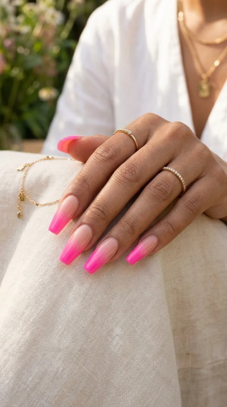 Glossy Ombre Long Coffin Nails Glossy Ombre Long Coffin Nails — Neon Pink Nails 2027