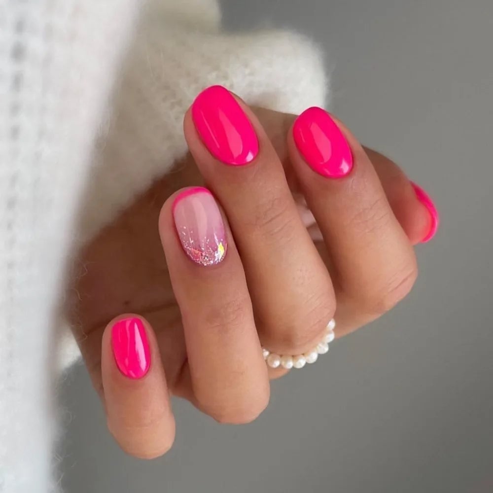 Short Oval Neon Pink Glitter Accent Nails Short Oval Neon Pink Glitter Accent Nails — Neon Pink Nails 2027