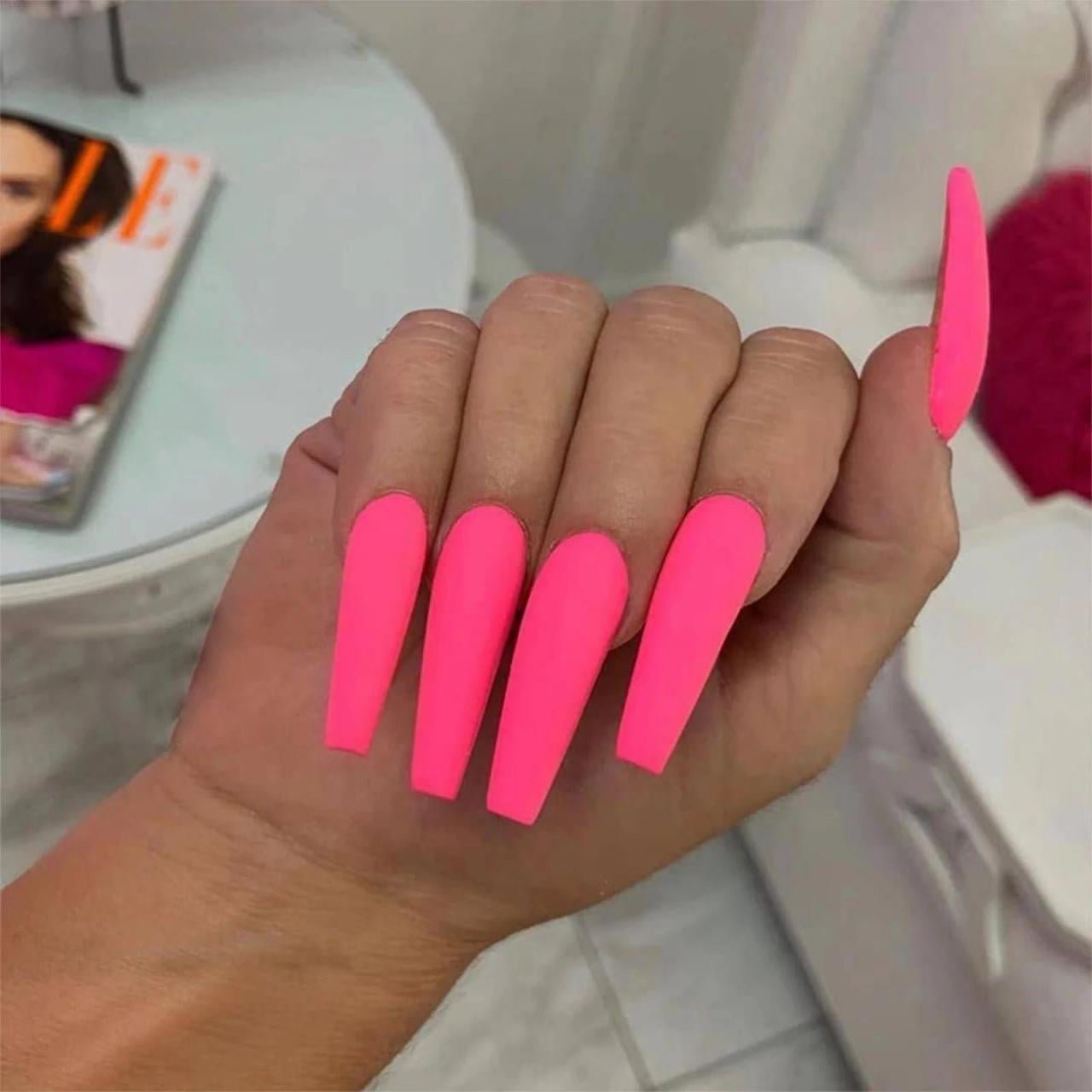 Long Coffin Neon Pink Matte Nails Long Coffin Neon Pink Matte Nails — Neon Pink Nails 2027