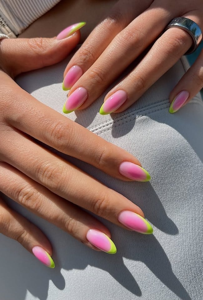 Pink Gradient Neon Green Tip Almond Nails Pink Gradient Neon Green Tip Almond Nails — Neon Pink Nails 2027