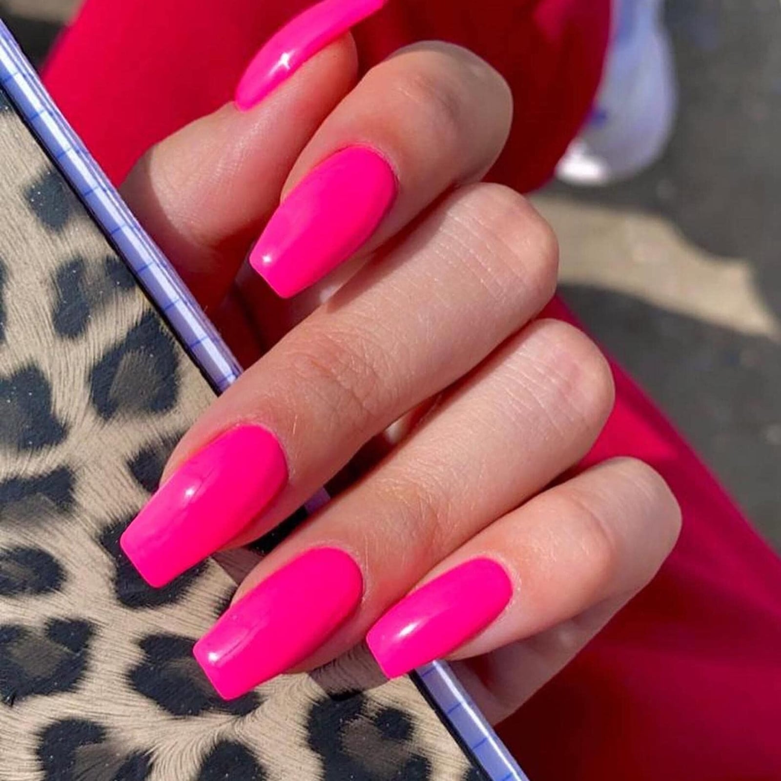Intense Neon Pink Long Coffin Nails, Close-Up Take Intense Neon Pink Long Coffin Nails, Close-Up Take — Neon Pink Nails 2027