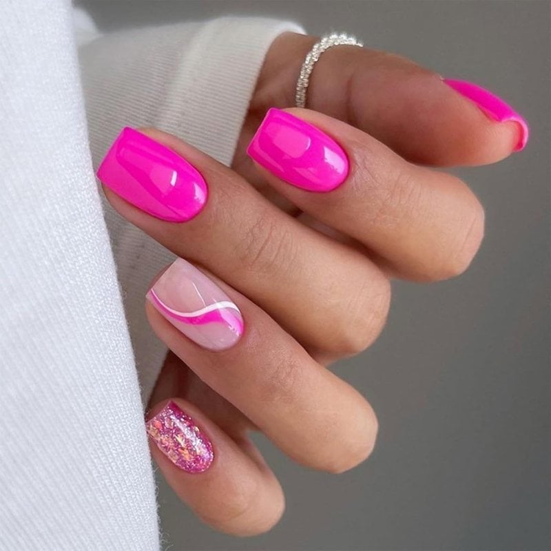 Hot Pink Square Nails with Glitter and Line Art Hot Pink Square Nails with Glitter and Line Art — Neon Pink Nails 2027