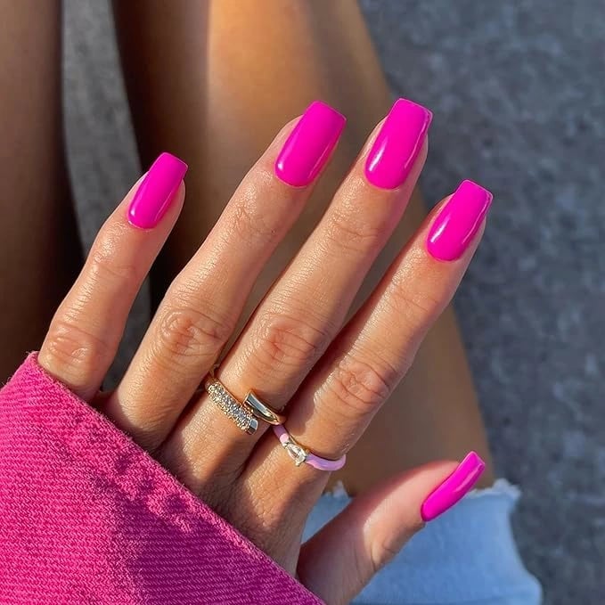 Vibrant Neon Pink Medium Square Nails, Close-Up Take Vibrant Neon Pink Medium Square Nails, Close-Up Take — Neon Pink Nails 2027