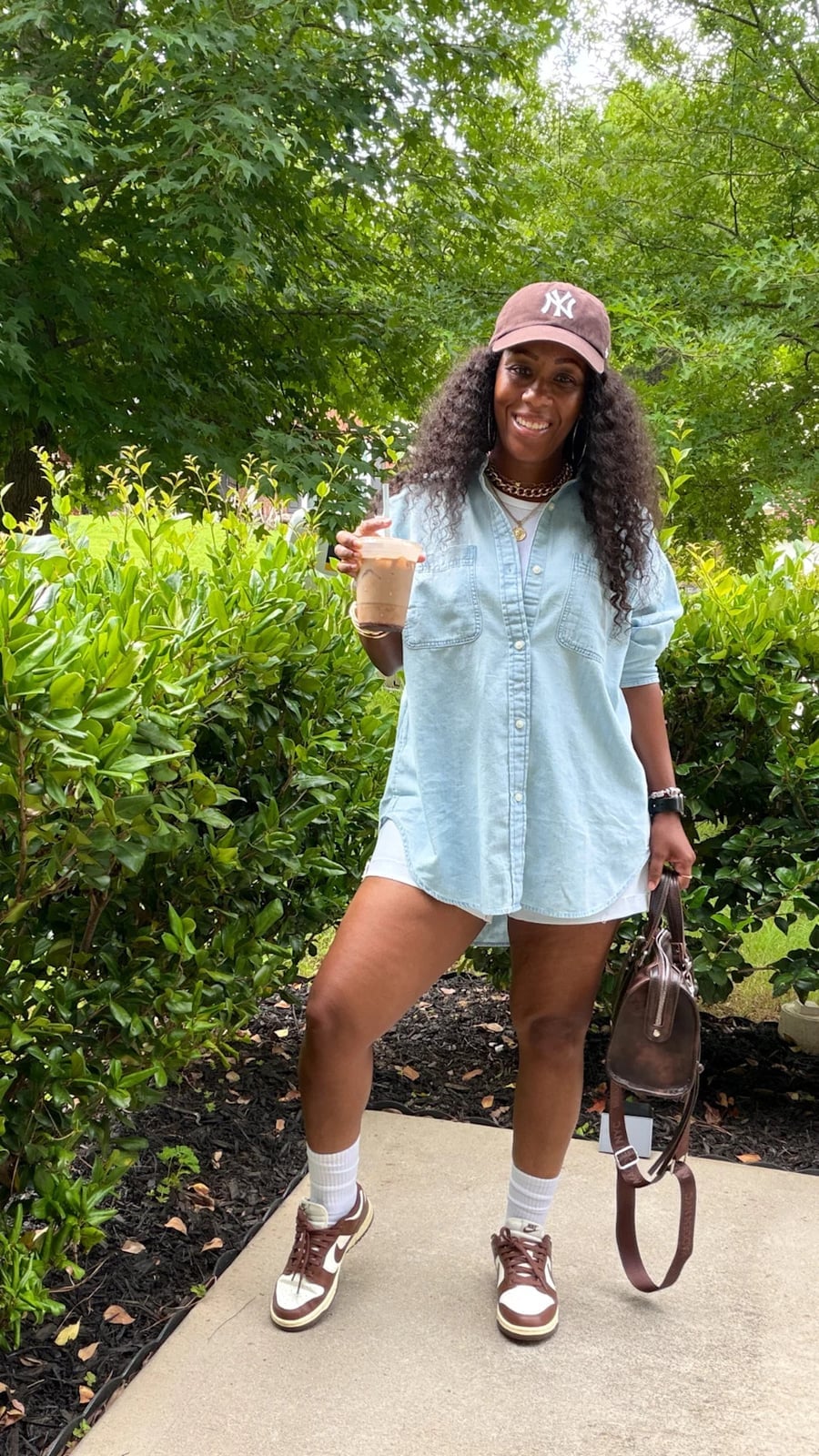 Brown and White Dunks with an Oversized Denim Shirt Brown and White Dunks with an Oversized Denim Shirt — Nike Dunk Outfits 2027
