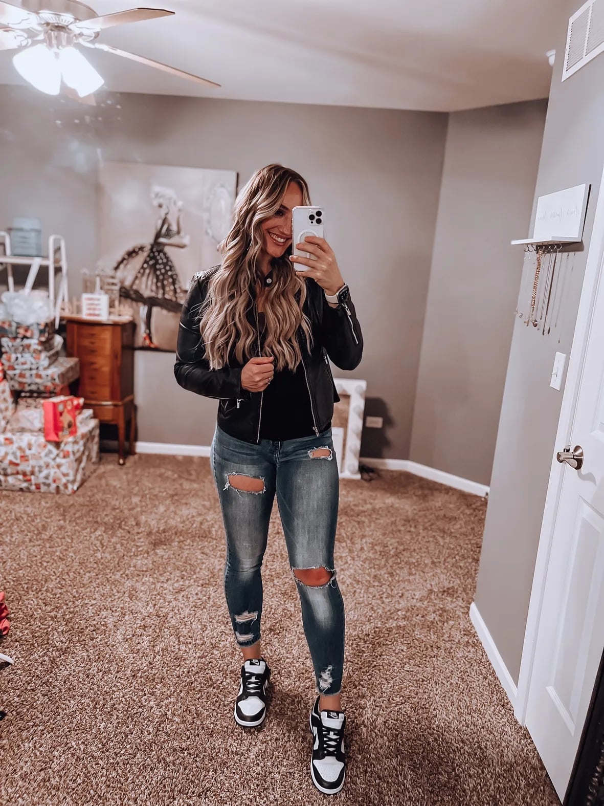 Black Leather Jacket and Ripped Jeans with Black Dunks, Close-Up Take Black Leather Jacket and Ripped Jeans with Black Dunks, Close-Up Take — Nike Dunk Outfits 2027