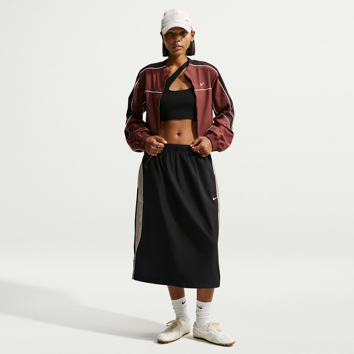 White Sneakers with Track Jacket and A-Line Skirt White Sneakers with Track Jacket and A-Line Skirt — Nike Dunk Outfits 2027