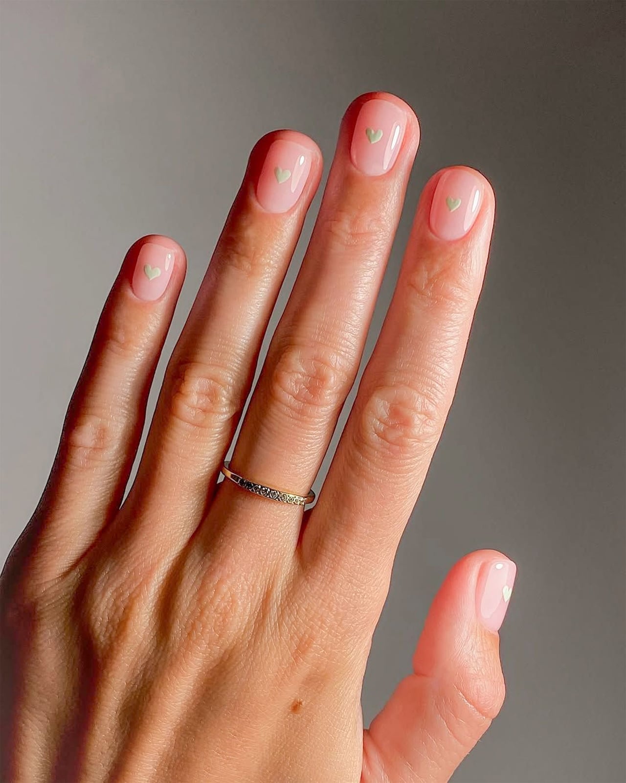 Sheer Pale Pink Nude Glossy Short Squoval Nails with Hearts Sheer Pale Pink Nude Glossy Short Squoval Nails with Hearts — Nude Nails 2027 for Short Nail Beds