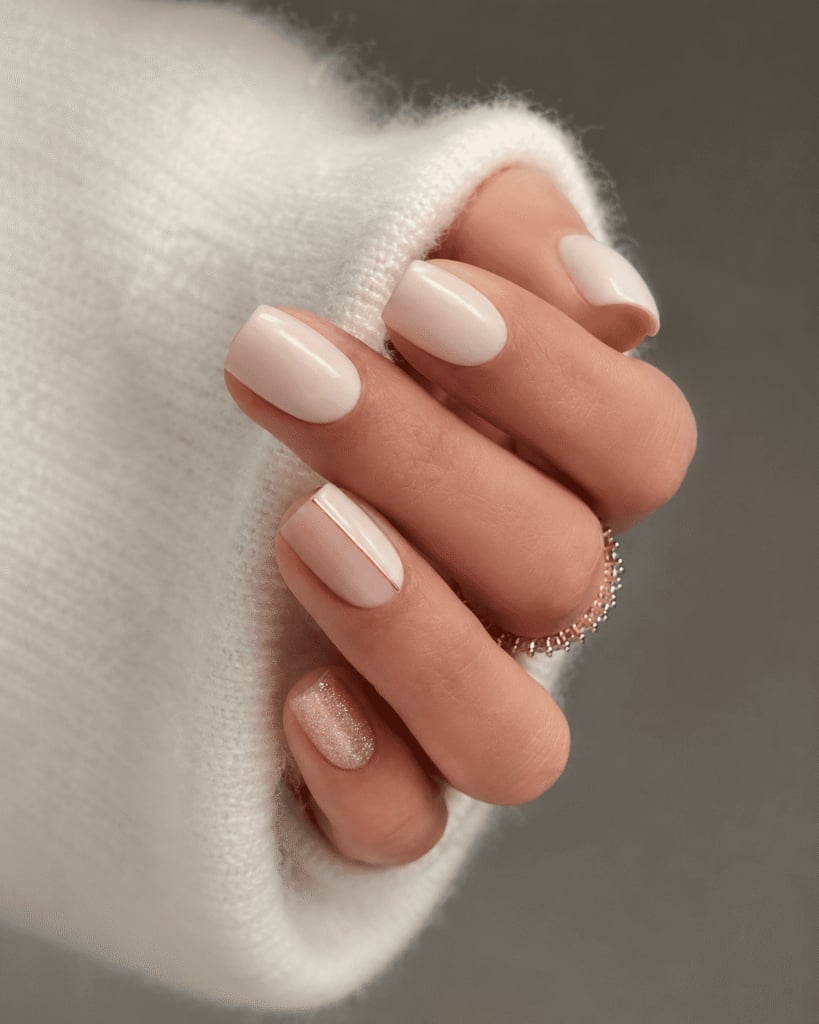 Mixed Nude Tones Glossy Short Oval Nails with White Line Mixed Nude Tones Glossy Short Oval Nails with White Line — Nude Nails 2027 for Short Nail Beds