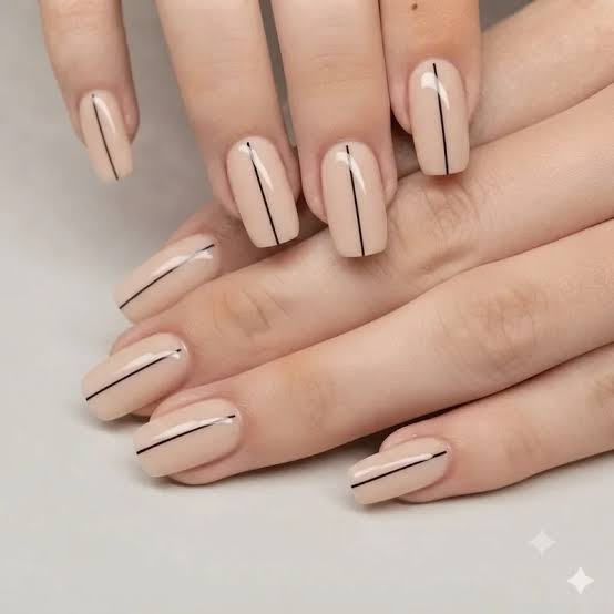 Opaque Nude Beige Glossy Short Squoval Nails with Black Lines Opaque Nude Beige Glossy Short Squoval Nails with Black Lines — Nude Nails 2027 for Short Nail Beds