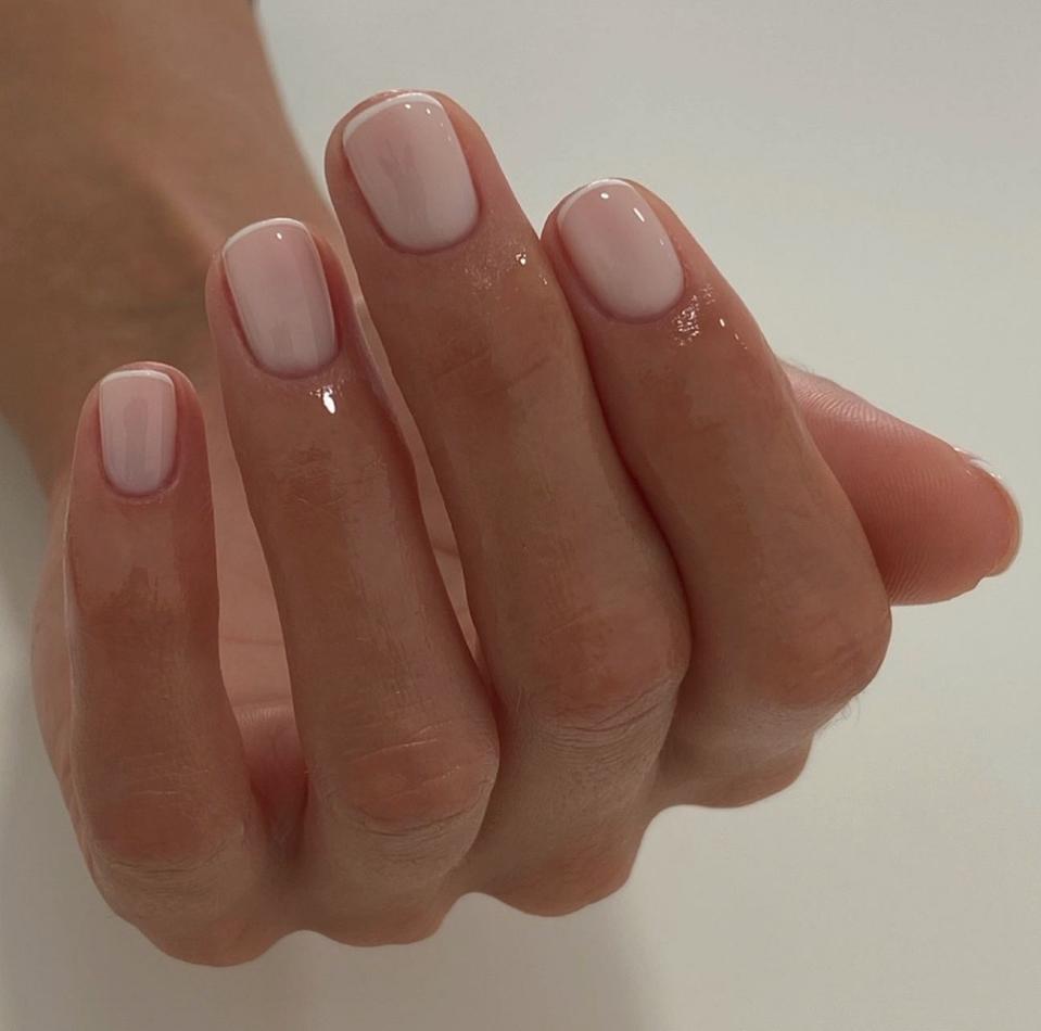 Sheer Nude Glossy Short Square Nails Minimal French Tip, Close-Up Take Sheer Nude Glossy Short Square Nails Minimal French Tip, Close-Up Take — Nude Nails 2027 for Short Nail Beds