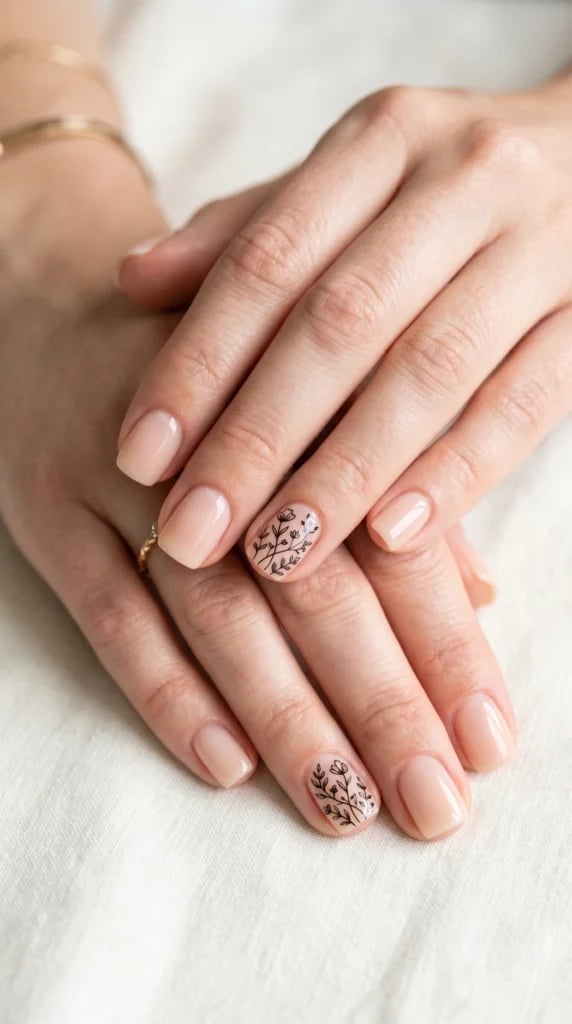 Sheer Nude Glossy Short Square Nails with Black Floral Art Sheer Nude Glossy Short Square Nails with Black Floral Art — Nude Nails 2027 for Short Nail Beds