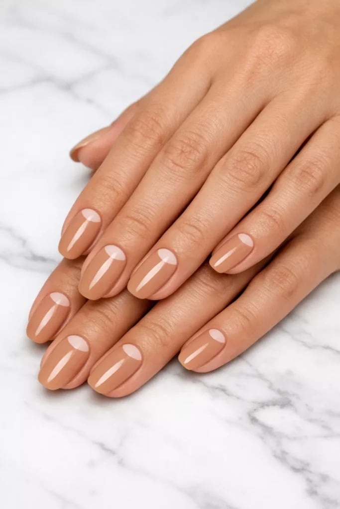 Light Brown Off-White Half Moon Short Almond Nails Light Brown Off-White Half Moon Short Almond Nails — Nude Nails 2027 for Short Nail Beds