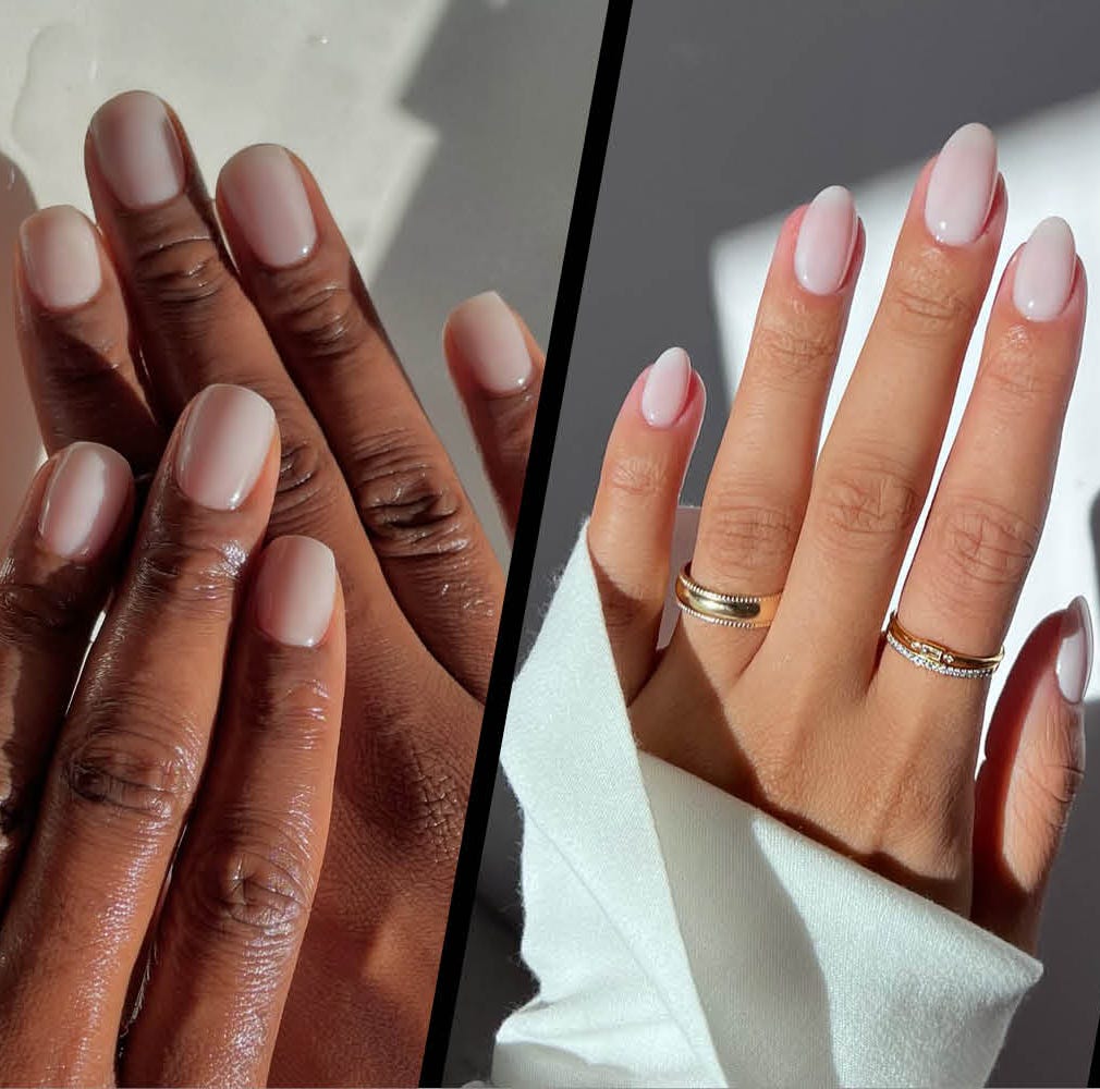 Sheer Nude French Glossy Short Oval Nails with Leaf Art Sheer Nude French Glossy Short Oval Nails with Leaf Art — Nude Nails 2027 for Short Nail Beds