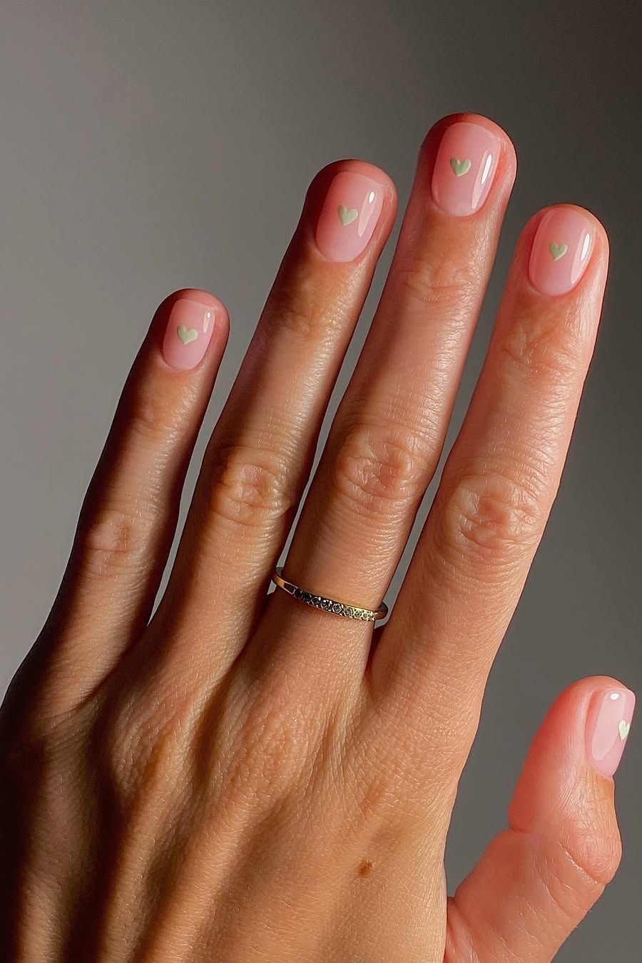 Sheer Nude Glossy Short Square Nails with Green Hearts Sheer Nude Glossy Short Square Nails with Green Hearts — Nude Nails 2027 for Short Nail Beds