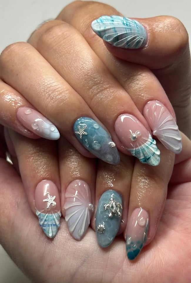 Almond Nails With Ocean Motifs And Water Drops Almond Nails With Ocean Motifs And Water Drops — Ocean Nails 2027