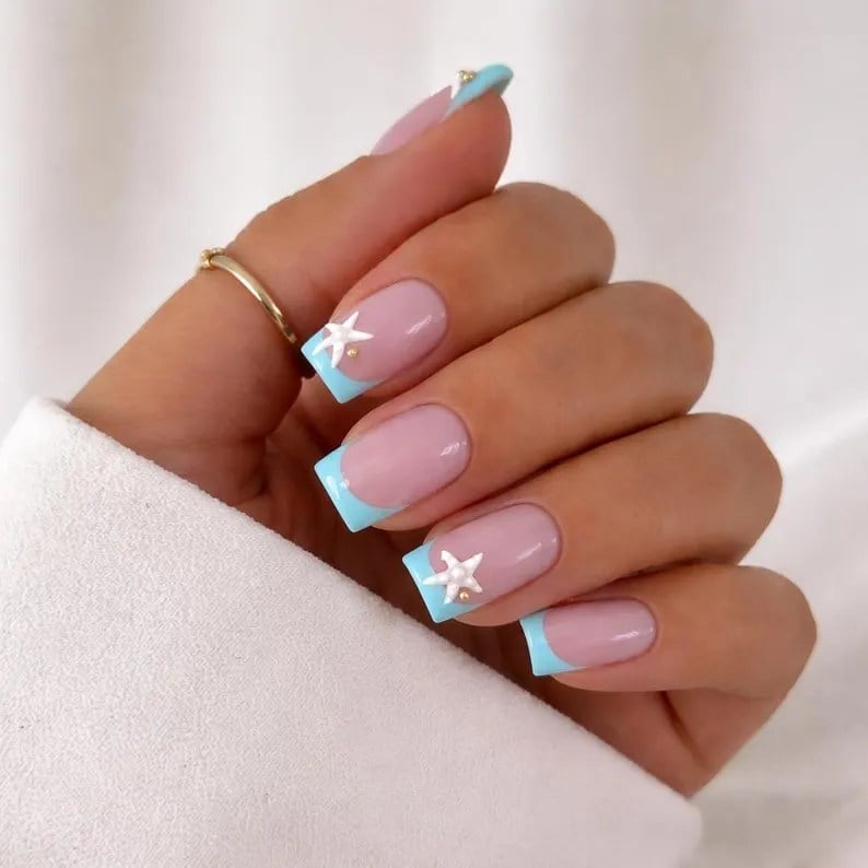 Short Square French With Blue Tips And Starfish Short Square French With Blue Tips And Starfish — Ocean Nails 2027