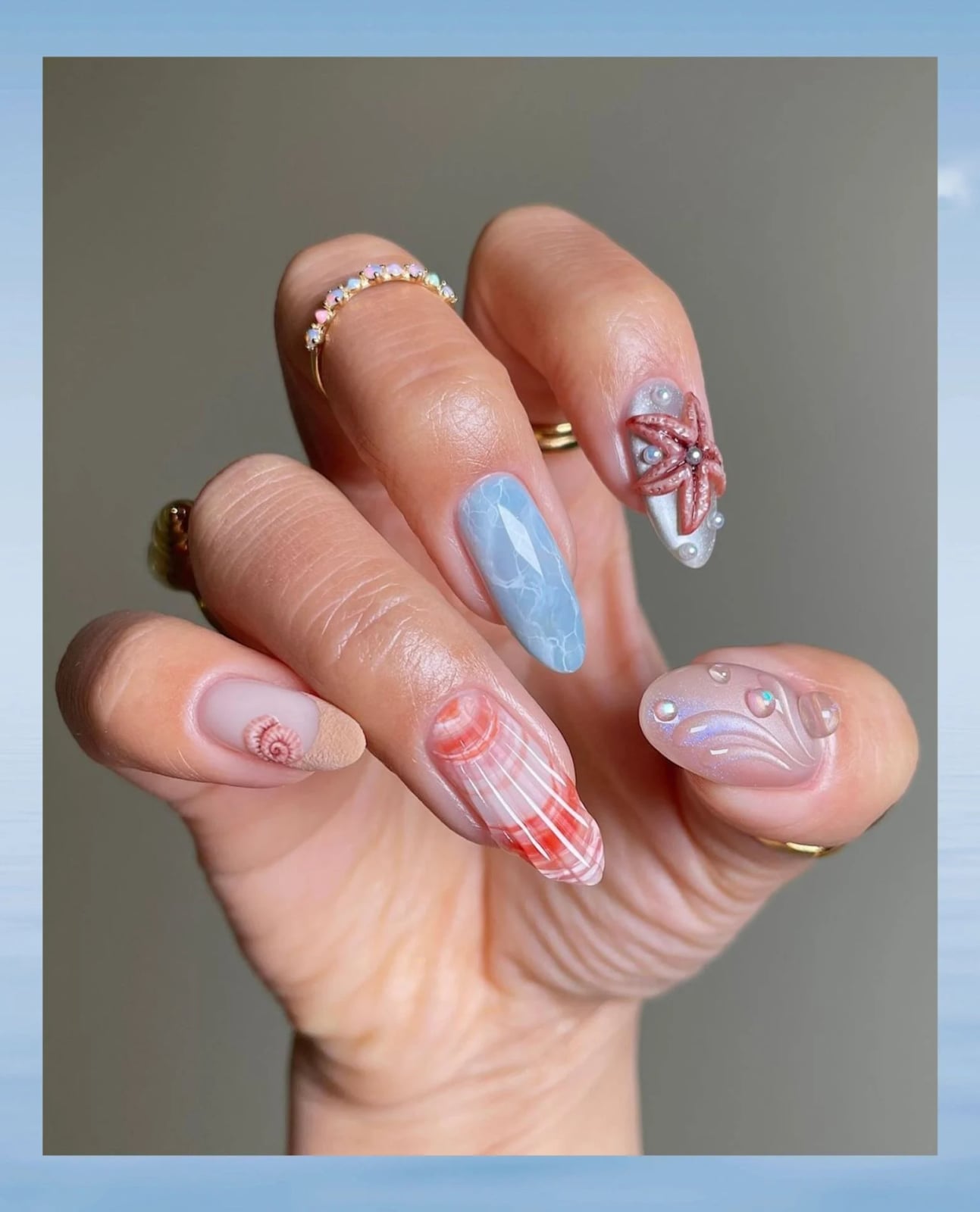 Almond Nails With 3D Seashells And Water Effects Almond Nails With 3D Seashells And Water Effects — Ocean Nails 2027