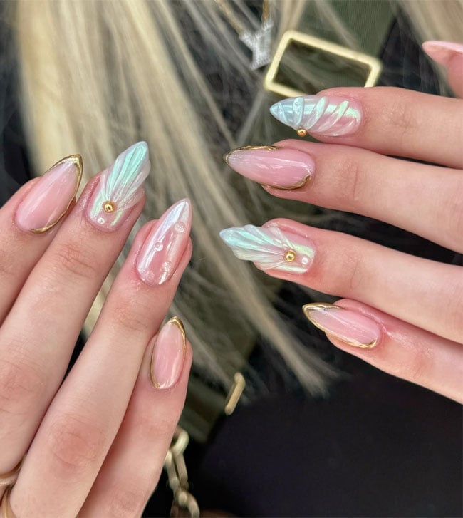 Mermaidcore Pink Nails With Iridescent Shells Mermaidcore Pink Nails With Iridescent Shells — Ocean Nails 2027