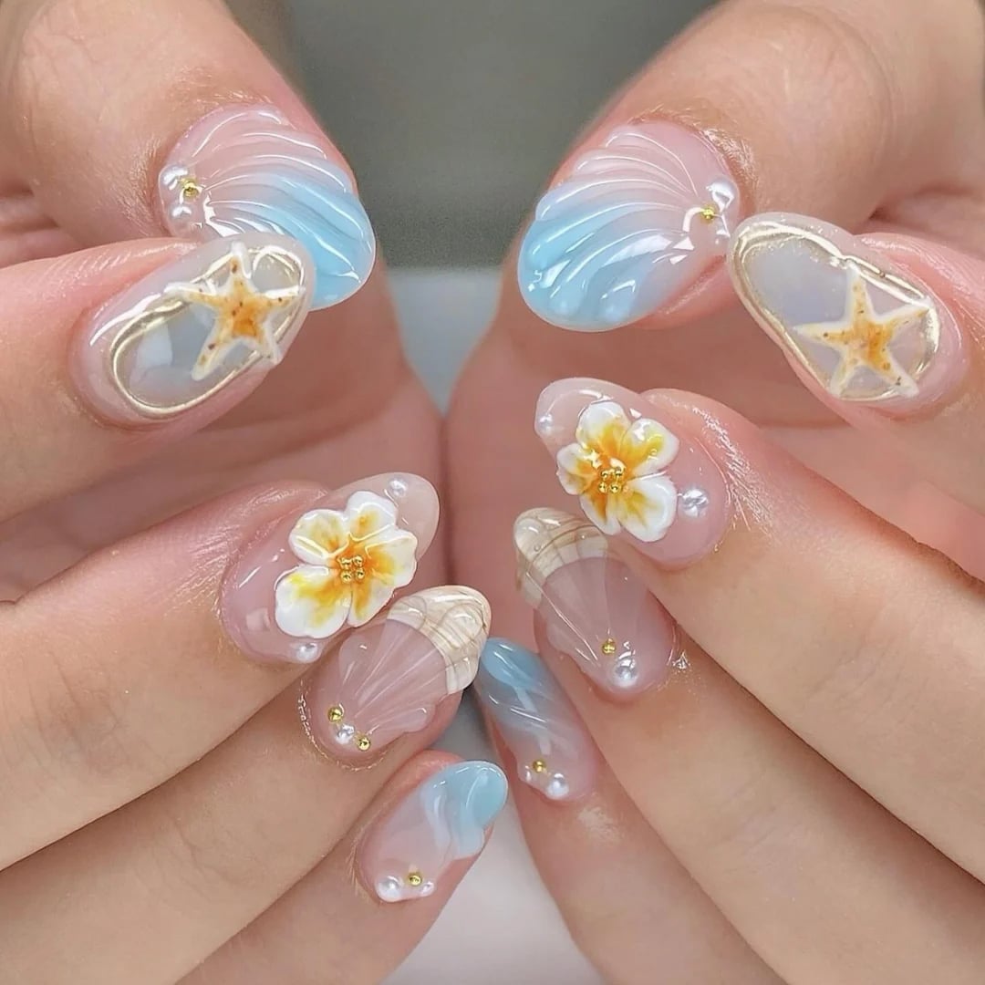 Oval Nails With 3D Flowers And Blue Ombre Oval Nails With 3D Flowers And Blue Ombre — Ocean Nails 2027