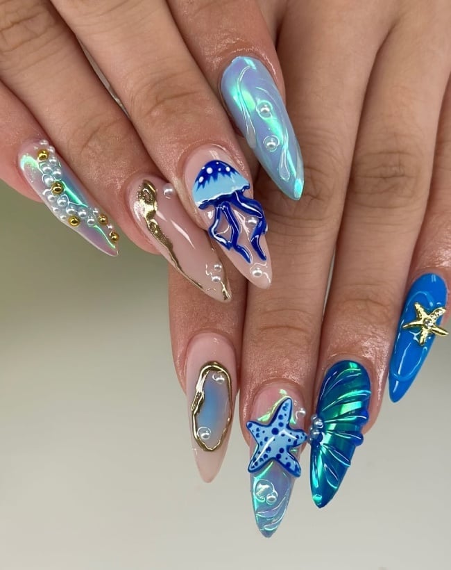 Long Stiletto Nails With Jelly Blue And Pearls Long Stiletto Nails With Jelly Blue And Pearls — Ocean Nails 2027