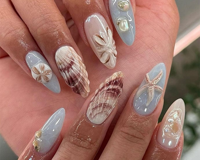 Long Stiletto Matte And Glossy With 3D Seashells Long Stiletto Matte And Glossy With 3D Seashells — Ocean Nails 2027