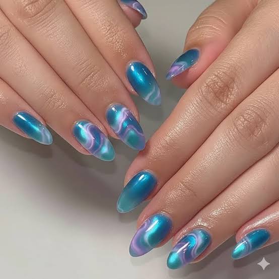 Iridescent Chrome Almond Nails With Swirls Iridescent Chrome Almond Nails With Swirls — Ocean Nails 2027
