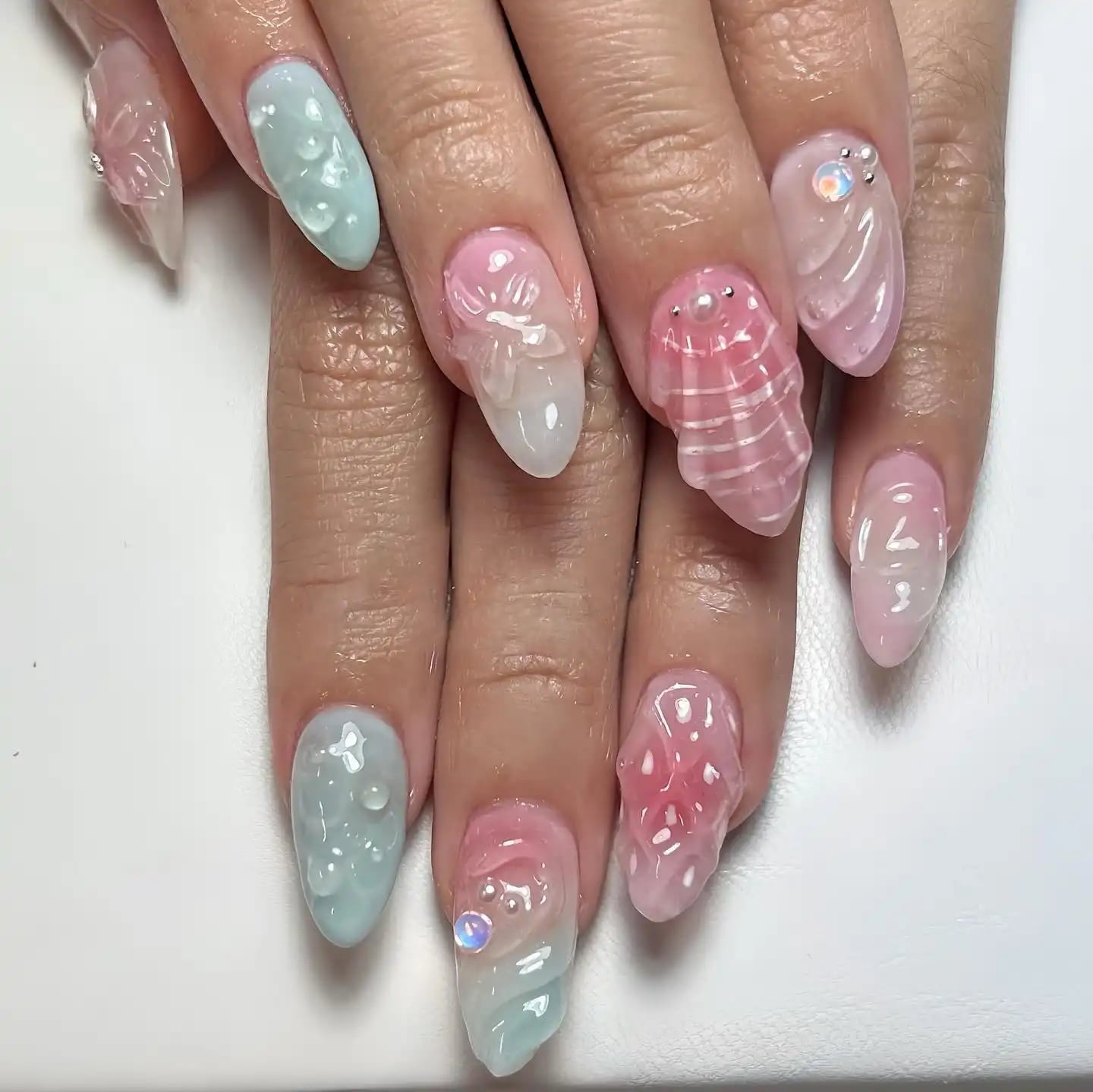 Long Coffin Nails With Pastel Jelly And Seashells Long Coffin Nails With Pastel Jelly And Seashells — Ocean Nails 2027