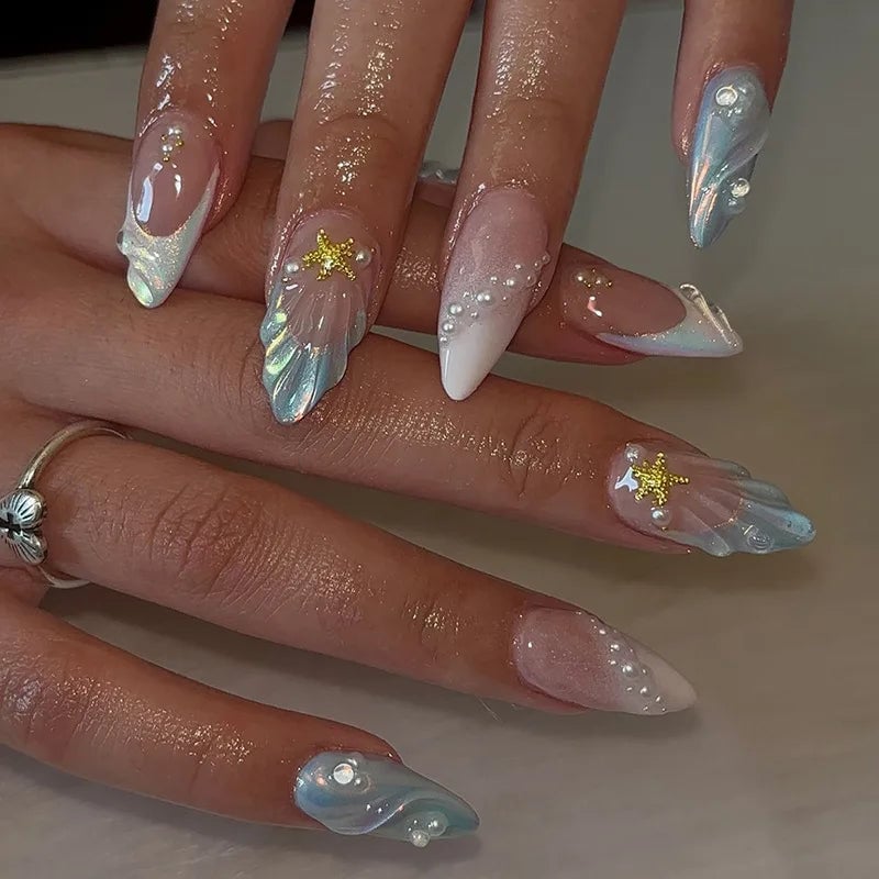Long Stiletto With Iridescent Shells And Pearls Long Stiletto With Iridescent Shells And Pearls — Ocean Nails 2027