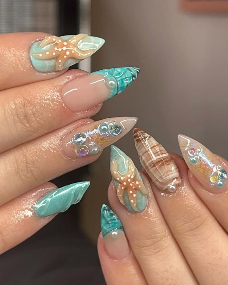 Stiletto Nails With 3D Turquoise Starfish And Shells Stiletto Nails With 3D Turquoise Starfish And Shells — Ocean Nails 2027
