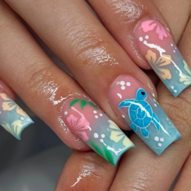 Long Coffin Gradient With Blue Turtle And Flowers Long Coffin Gradient With Blue Turtle And Flowers — Ocean Nails 2027