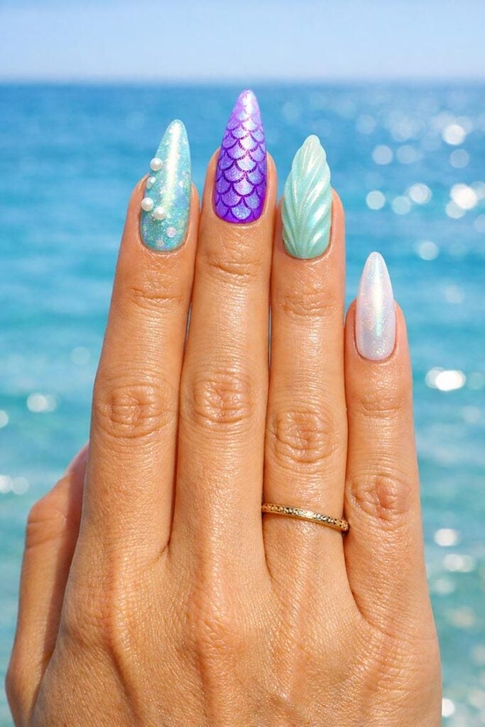 Long Stiletto With Mermaid Scales And Pearls Long Stiletto With Mermaid Scales And Pearls — Ocean Nails 2027