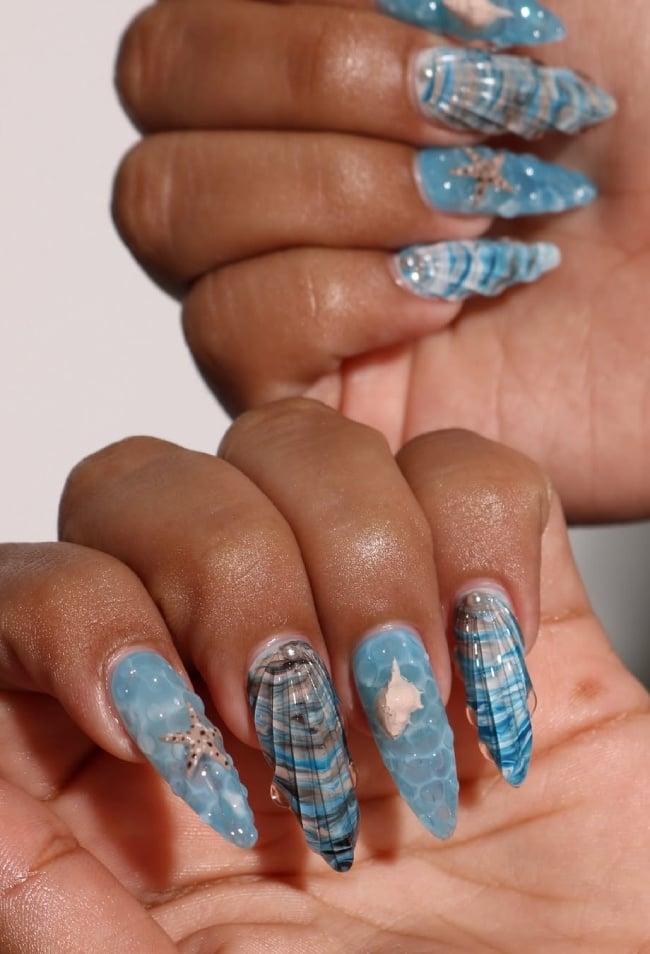 Long Coffin With 3D Textured Shell Designs Long Coffin With 3D Textured Shell Designs — Ocean Nails 2027