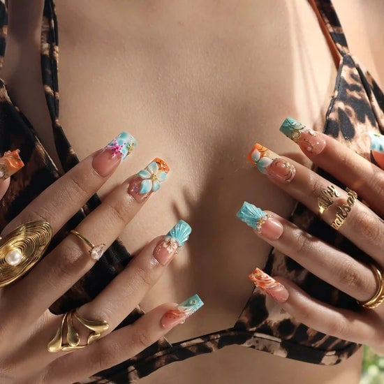 Long Coffin French With 3D Floral Shells Long Coffin French With 3D Floral Shells — Ocean Nails 2027