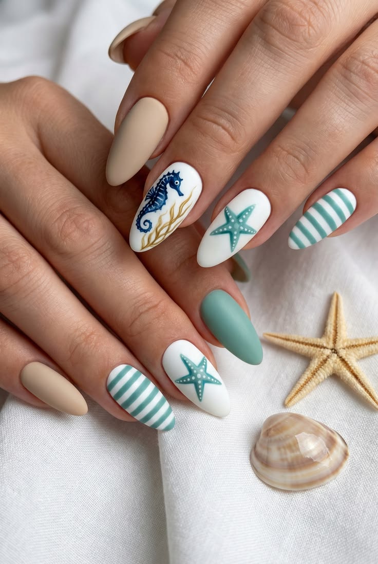 Matte Teal And Beige Nails With Seahorse Art Matte Teal And Beige Nails With Seahorse Art — Ocean Nails 2027