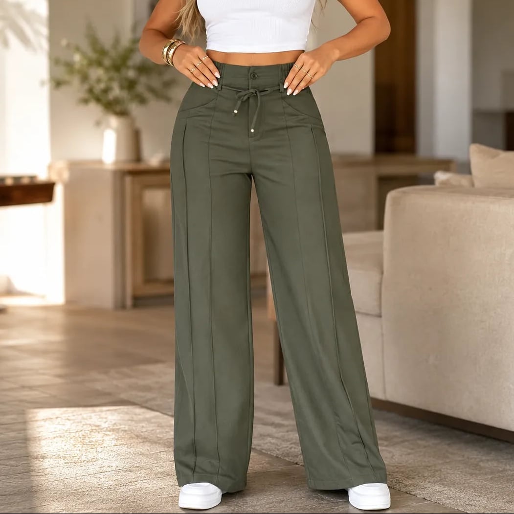 Olive Green Pants Front Seam Detail Casual, White Sneakers Olive Green Pants Front Seam Detail Casual, White Sneakers — Olive Green Wide Leg Pants Outfits 2027