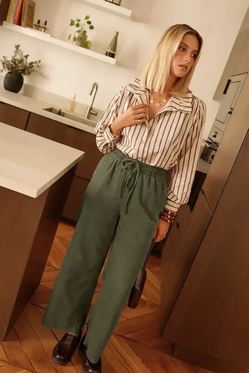 Olive Green Pants Drawstring Waist Casual, Black Loafers Olive Green Pants Drawstring Waist Casual, Black Loafers — Olive Green Wide Leg Pants Outfits 2027
