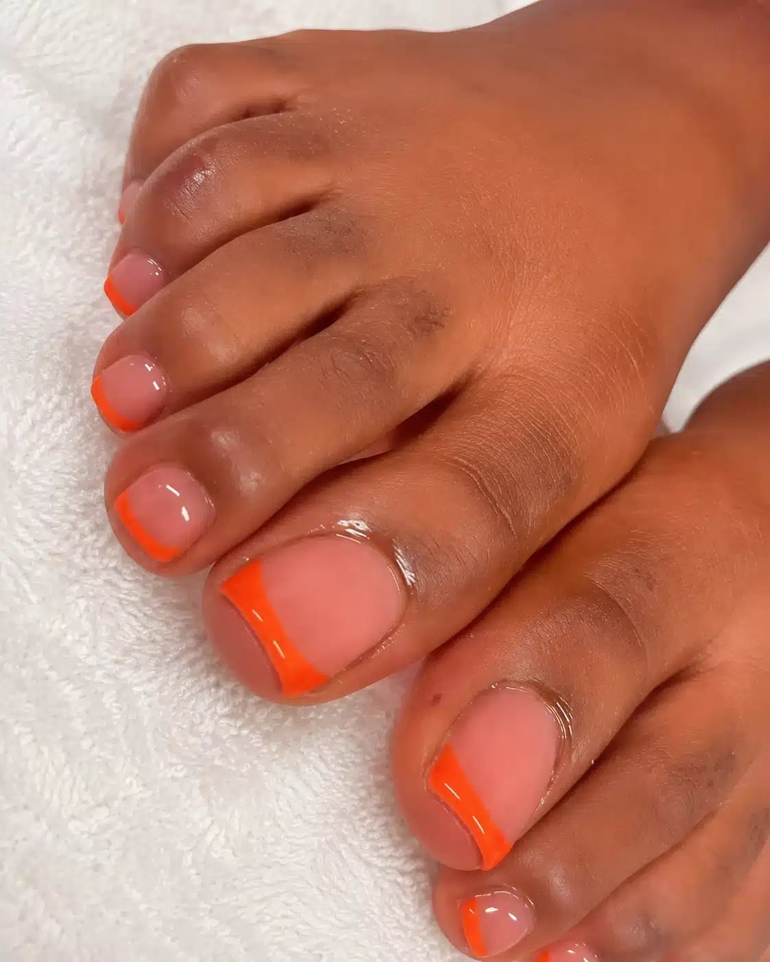 Vivid Orange French Tips on Sheer Nude, Short Square Vivid Orange French Tips on Sheer Nude, Short Square — Orange Toe Nails 2027